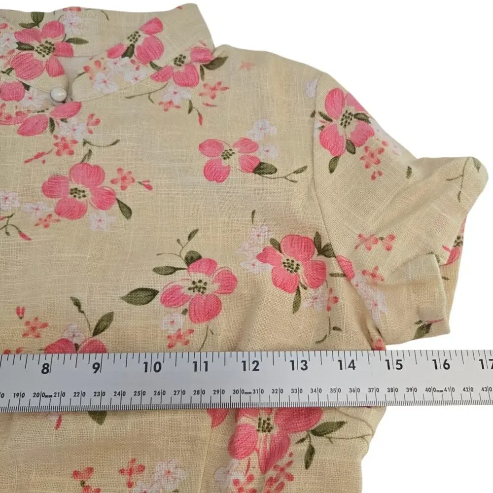Authentic Chinese Qipao Floral Linen Blend Mandarin Collar Cottagecore Dress L